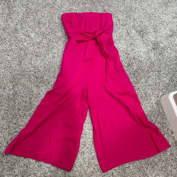 Maeve Anthropologie fuschia pink wide leg jumpsuit 0 EUC strapless barbie tie - Picture 2 of 4